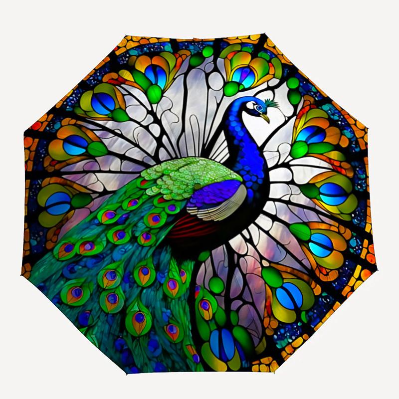 1 шт. Автоматический складной зонт-трость с витражным рисунком «Павлин», компактный, всесезонный, портативный, для женщин/мужчин F1124034