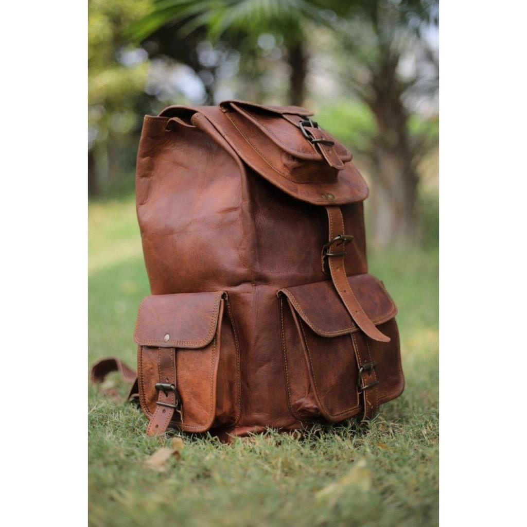 Men's Large Real Vintage Leather Backpack Brown Travel Rucksack Laptop Bag