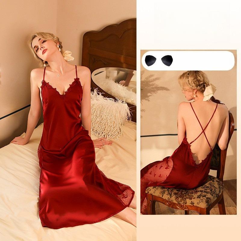 Fairy Style Elegant Lace Nightgown Deep V Built-in Bra Backless Crisscross Lace-Up Loungewear 420 Dreamy Supportive Sleepwear for Romantic Evenings