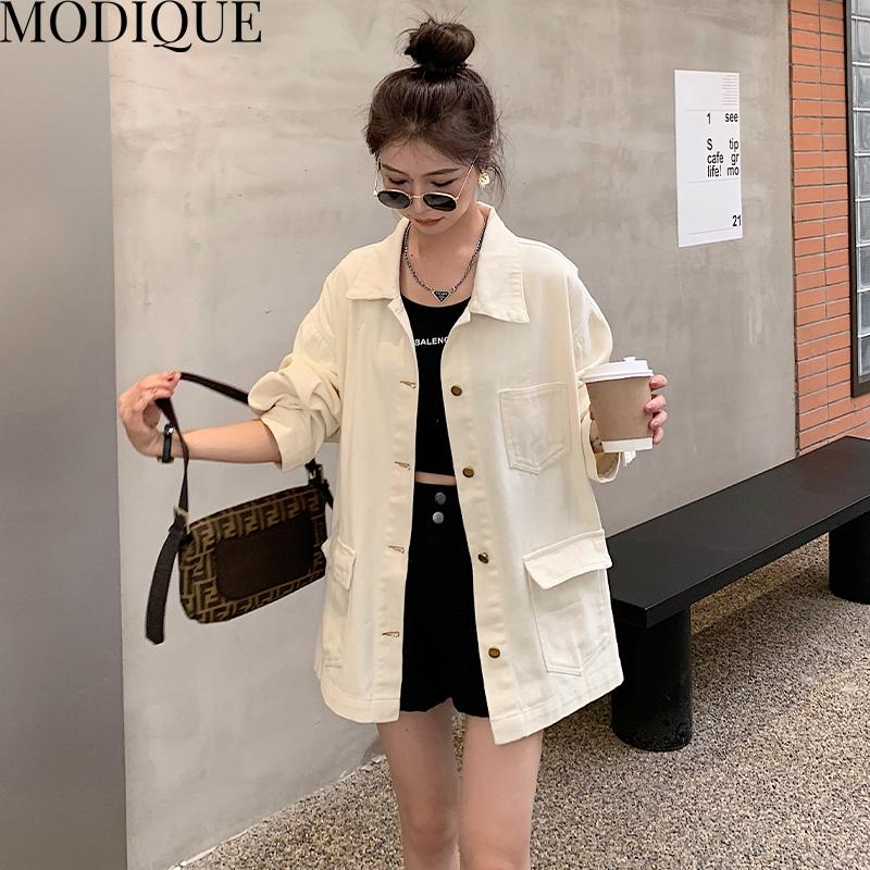 

MODIQUE 2023 Осень Зима Новая Женская Свободная Универсальная Классическая Модная Джинсовая Куртка Женская Повседневная Сплошной Цвет Топ С Длинным Рукавом Кардиган Пальто Весна