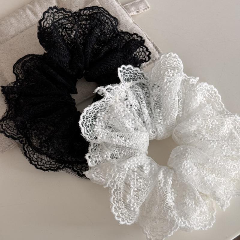 French Black White Lace Embroidery Flower Large Intestine Hair Band Ball Head Hair Rope Head Flower High Quality Hairaccessories