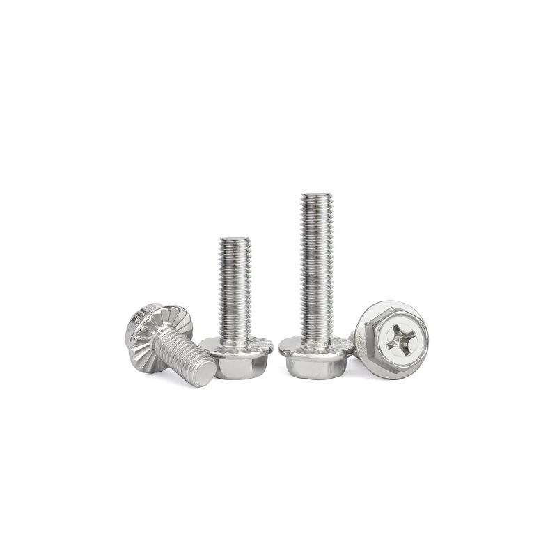 304 Stainless Steel Hex Bolts with Anti-slip Washer & Tooth Pattern, Cross Flange Head - Sizes: MM4, M5, M6, M8