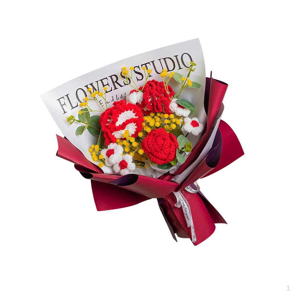Crochet Bouquet, Handmade Knit Flowers, Artificial Already Made for Valentine's Day,