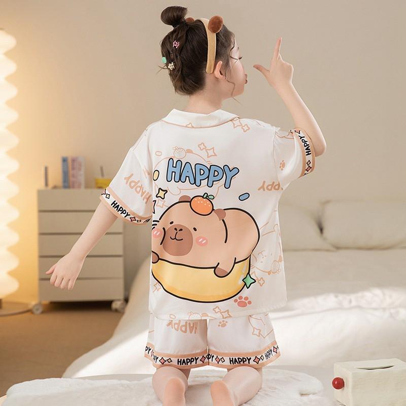 Girls Ice Silk Pajama Set Short Sleeve Cartoon Print Sleepwear 8-14 Years Old Kids
