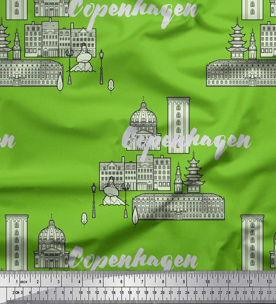 Soimoi Blue Japan Crepe Satin Fabric Sketch Monuments Architectural Printed Craft Fabric by the metre 42 Inch