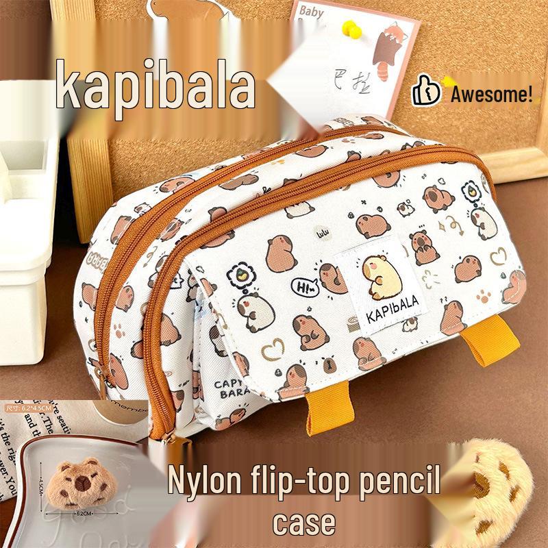 Capybara Cartoon Pencil Case for Students: Flip-Top, Multi-Layer, Large Capacity Stationery Organizer.