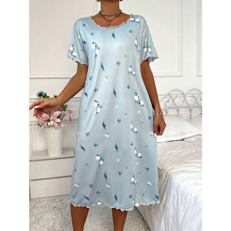 Velká velikost, Kulatý výstřih, Krátký rukáv, Modrý květ meruňky, Domácí oblečení, Noční košile, Šaty, Ležérní, Dámské oblečení s potiskem