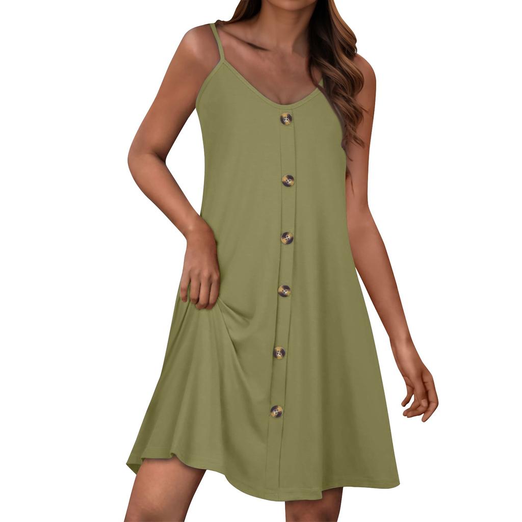 Vestido de verão casual feminino com bolsos, vestido de praia boho de verão, vestidos de férias para mulheres, decote em V, botões, vestidos soltos