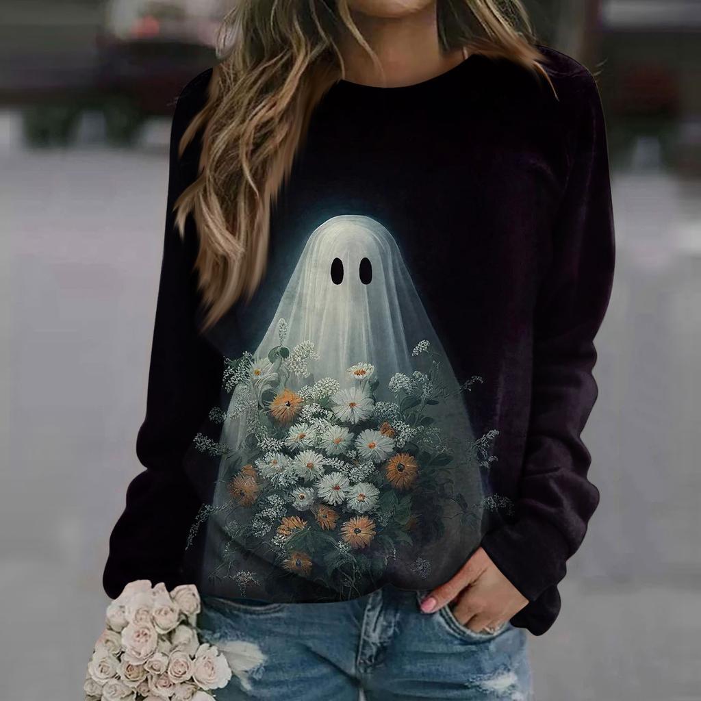 Halloween ghost pattern T-shirt, fashionable casual women's long-sleeved top