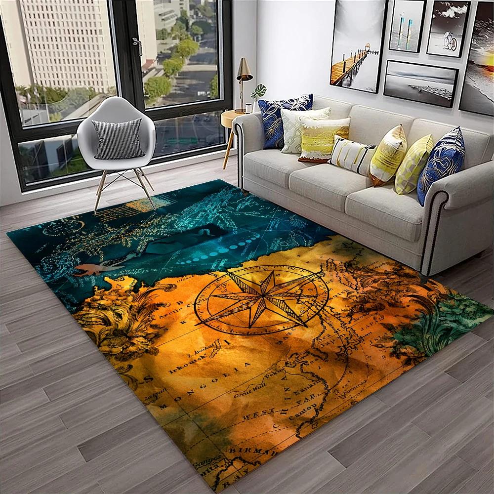 Retro Kompas Navigační Mapa Koberec pro Domácí Obývací Pokoj Ložnici Pohovku Rohožka Dekorace, Koberec do Dětského Hracího Koutku Protiskluzová Podlahová Rohožka