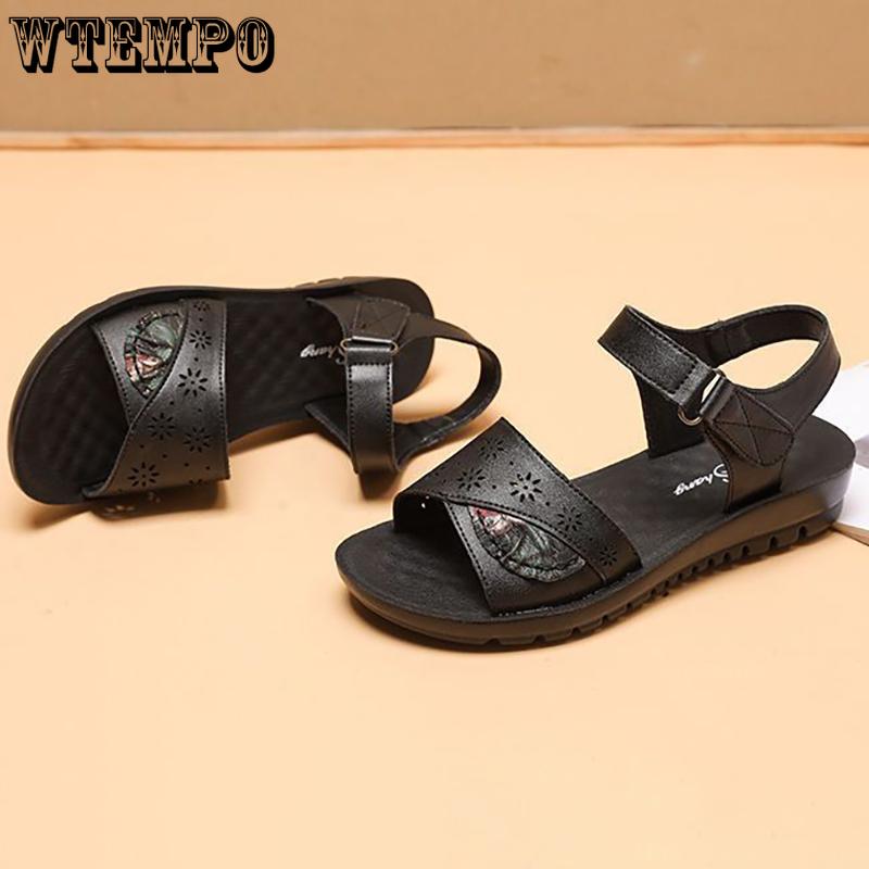 Damensandalen aus Leder mit weicher Sohle, Mama-Schuhe, Sommermode, bequeme Schuhe, flache, rutschfeste Sandalen mit dicker Sohle, mittleres Alter, PU-Material