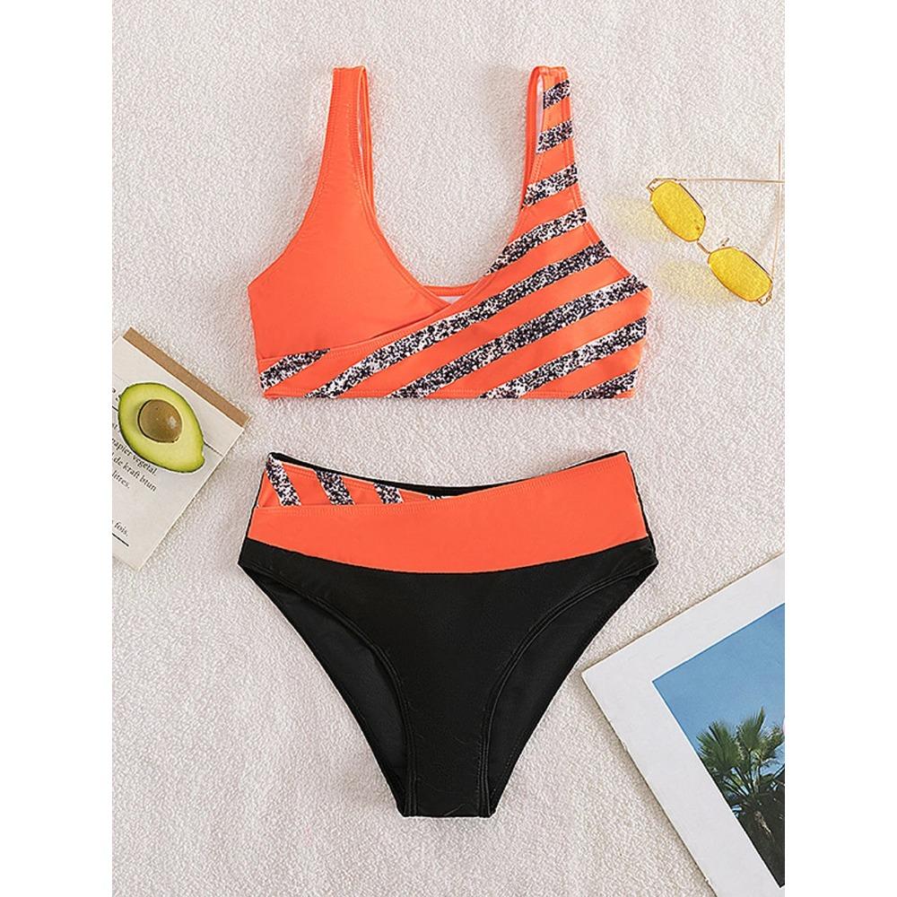 Bikini set s V výstřihem 2026 Dámský pruhovaný patchworkový plavecký úbor Letní plážové oblečení Plavky Ženské plavky Koupací plavky 3XL
