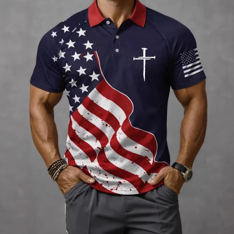 Patriotic Essential! Short Sleeve Polo, Flag & Cross Print, Casual Style