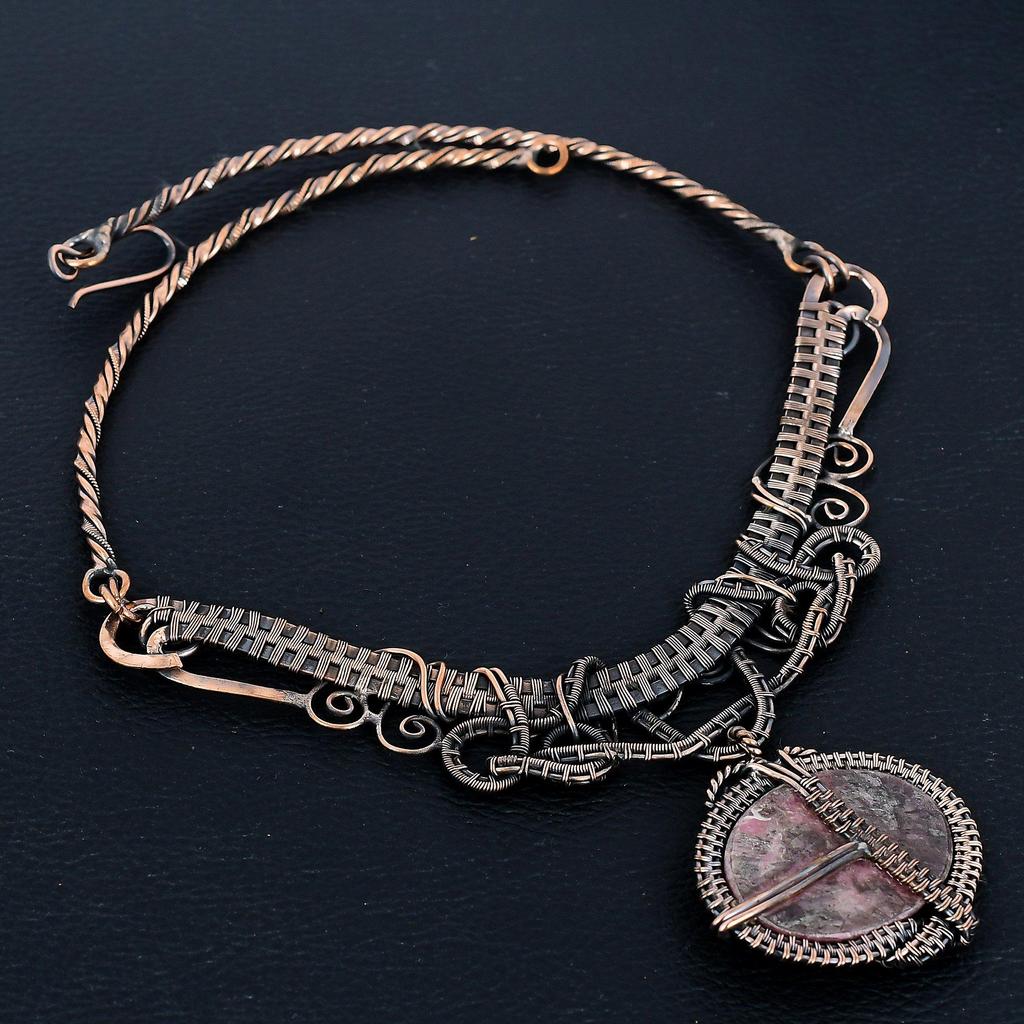 Thulite 999 Copper Wire Wrapped Necklace with Adjustable Chain, Handmade Gemstone Jewelry Necklace For Memorial Day