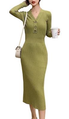 Newsight Knit Tight Long Long Sexy Bodycon Dress Women's Dress, Skirt, Sleeves, V-Neck, Cute, Stylish, Off-the-Shoulder, (Green)