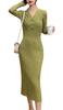 Newsight Knit Tight Long Long Sexy Bodycon Dress Women's Dress, Skirt, Sleeves, V-Neck, Cute, Stylish, Off-the-Shoulder, (Green)
