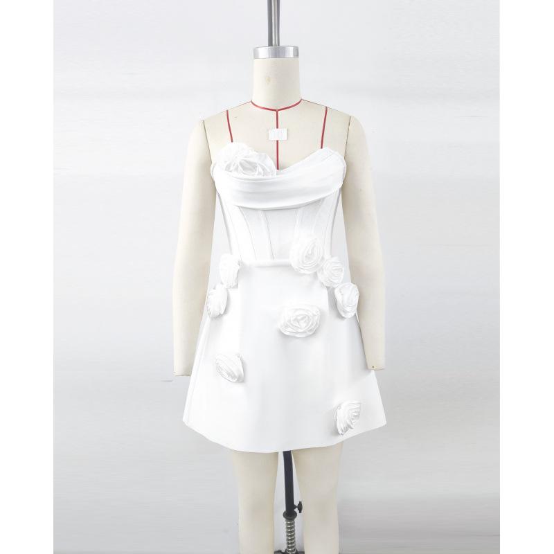 Elegant Women s 3D Floral Bodycon Dress with Handmade Patchwork Large белый