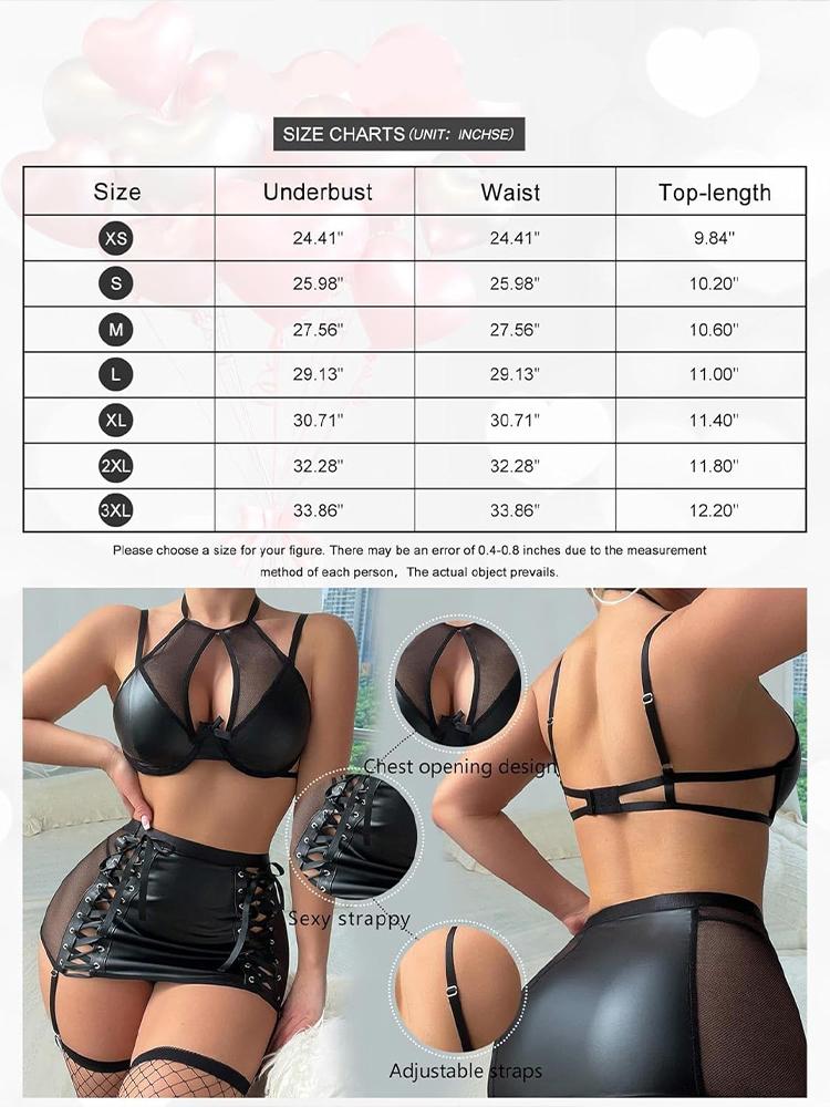 Sexy Lingerie Outfit Splicing Fabric Set Women Black Underwear Fishnet Stockings Perspective Hollow Out Short Skirt Intimate Set