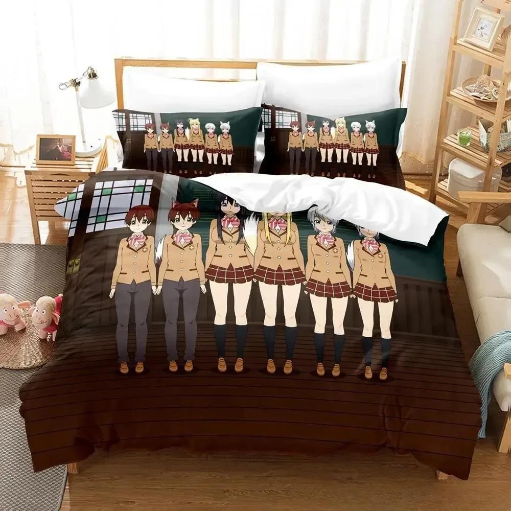 3D Anime Kawai Young Girls Kanokon Beding Set Printed Bed Linen Set With Pilowcase Soft Duvet Cover Soft Single Double Quen Super King-Sized Dimension