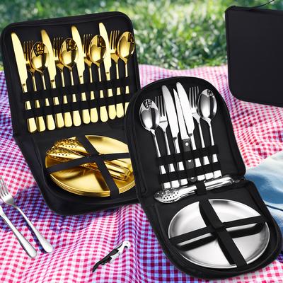 Stainless Steel Tableware Set Portable Household Outdoor Storage  Camping Knife  Fork  Spoon  Plate Bottle Opener YSH-53-10PS