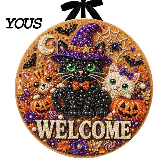 Handmade Welcome Sign Crafts Halloween Faux Pearl Door Kit, Ghost Skull Skeleton Cat Kit Painting Arts for Wall Decoration