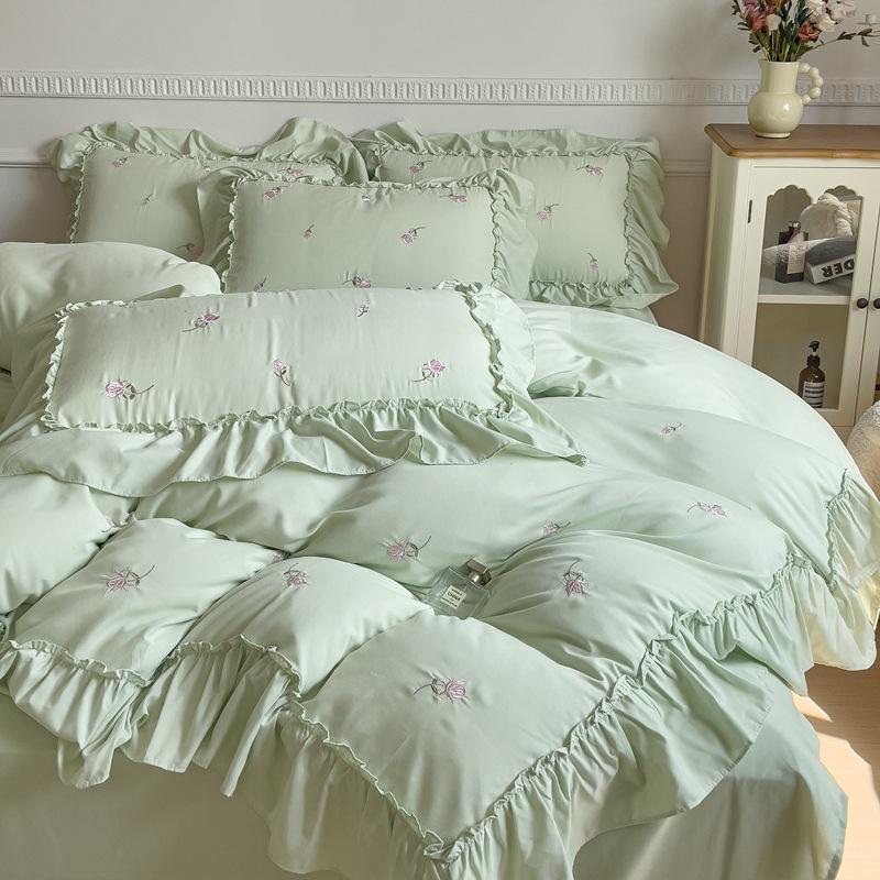 Prinsesse-stil blonder ren bomull firedelt sett koreansk versjon blonder broderi ensfarget vasket bomull dynetrekk sengetøy