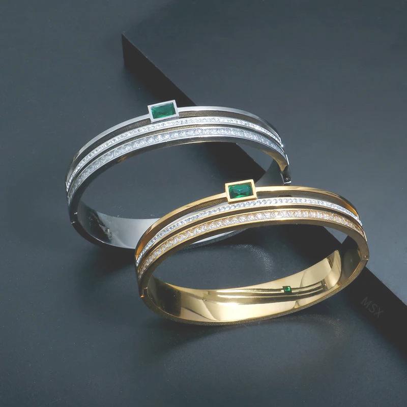 European & American Women's Titanium Steel Bracelet with Green Zircon Crystal and Full Diamond Detail