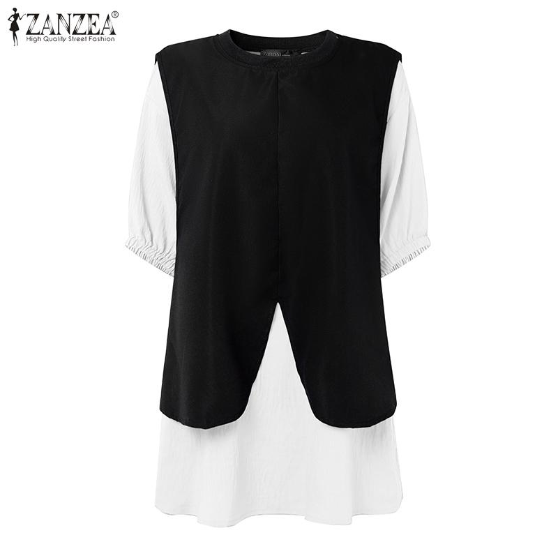 ZANZEA Women Short Sleeve Patchwork Casual Loose Blouse