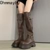 Autumn Winter Belt Buckle Women Knee High Boots Fashion Thick Heels Punk Style Knight Long Booties  De Mujer