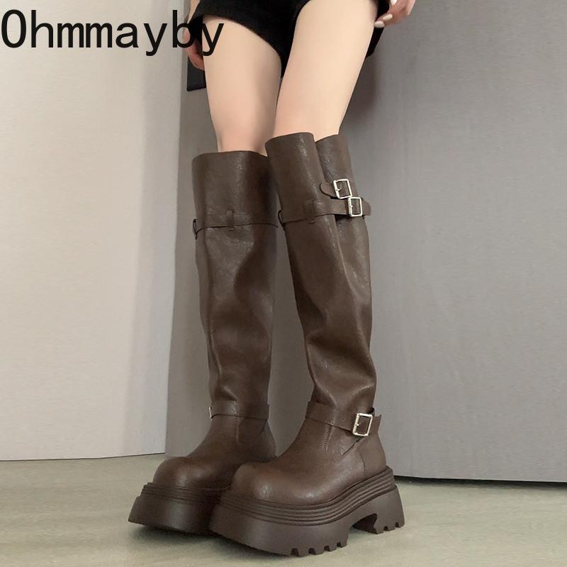 Autumn Winter Belt Buckle Women Knee High Boots Fashion Thick Heels Punk Style Knight Long Booties  De Mujer
