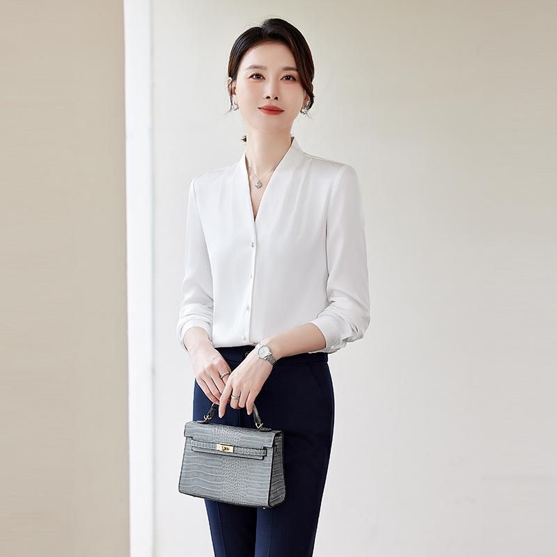 

White Chiffon V-Neck Long Sleeve Women s Blouse - Spring/Autumn 2024 Professional Formal Wear XXL білий