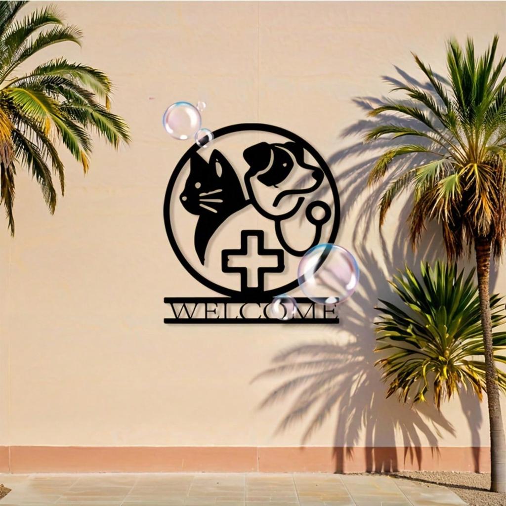 Vintage Vet Clinic Metal Wall Art Iron Pet Decor with Cat Dog Silhouette Welcome Sign Black White Plaque Mounting Kit
