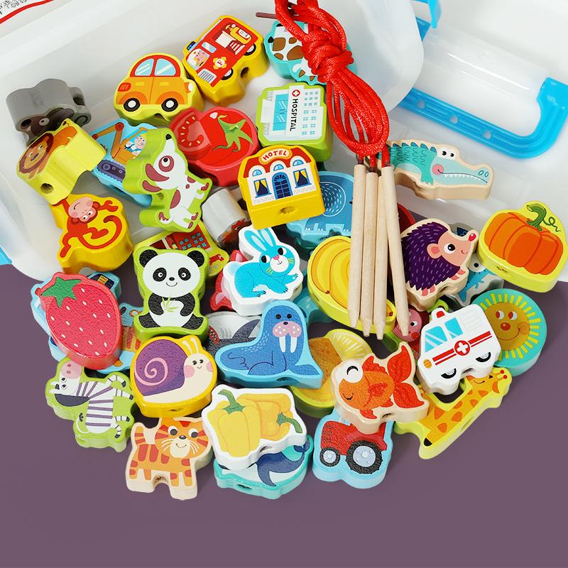 42pcs Beaded Wooden Toys Baby Cartoon Fruit Animal Stringing Wooden Beads DIY Montessori Toys Children's Educational Games