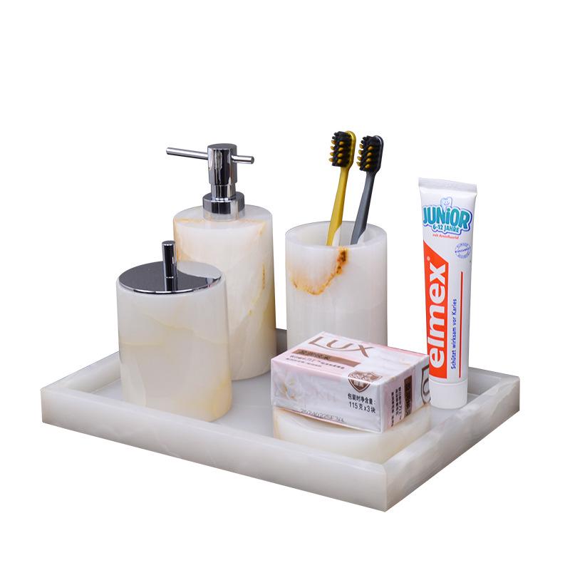 Lux White Jade Bathroom Set: Basin, Tray, Tissue Box, Lotion Dispenser - 4 or 5 Piece Set