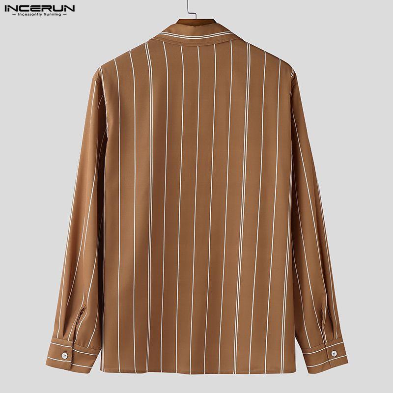 INCERUN Oversized Men Turn-down Collar Long Sleeve Striped Casual Loose Shirts