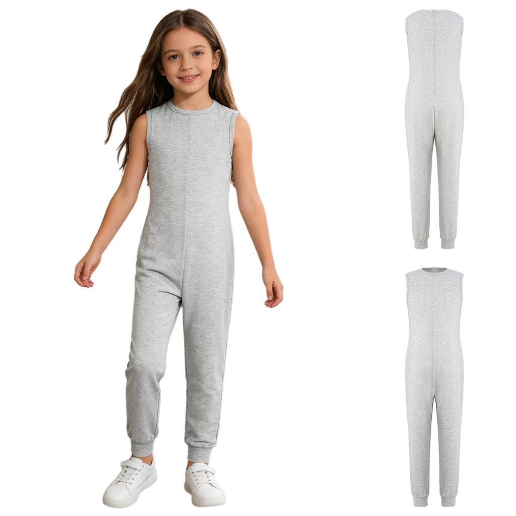 Unisex Kids Adaptive Full Body Jumpsuit Round Neck Sleeveless Solid Color Back Invisible Zipper for Special Needs Care