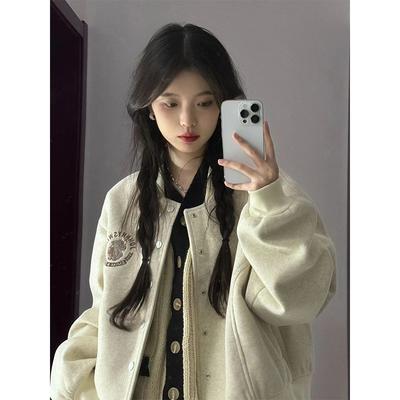 Short Baseball Uniform for Women, Autumn and Winter, Loose, Casual, Versatile, Thickened Clip, Large Size Loose Jacket