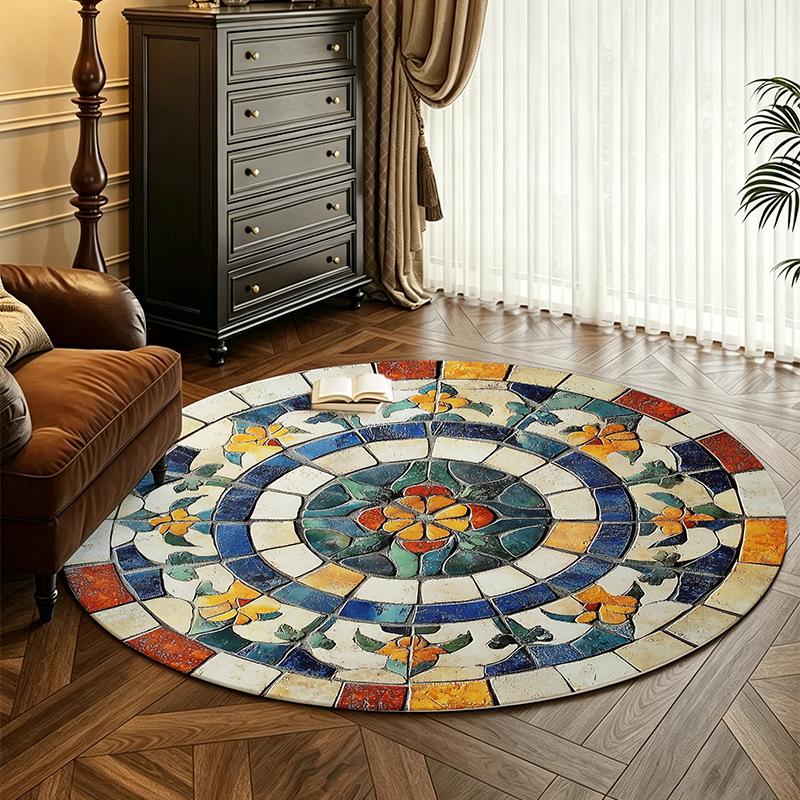 1Pcs Stone Round Rug Non-Slip Machine Washable Floor Mat 2D Flat Vintage Floral Area Rug for Living Room Bedroom Decor