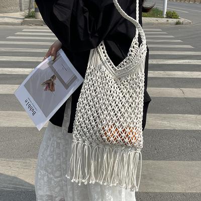 Hollow Cotton Thread Woven Bag 2025 New Single Shoulder Tassel Straw Bag Vacation Wind Beach Bag Versatile Underarm Women's Bag