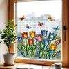 Spring Summer Tulip Window Clings, Stained Glass Style Floral Butterflies Window Sticker, Double-Side Glass Decals for Home Office School