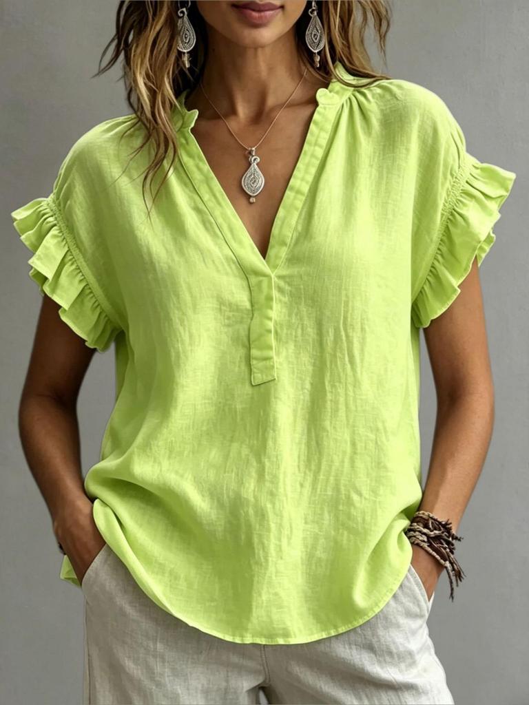 2026 European Bohemian V-Neck Short Sleeve Cotton Linen Women's Top