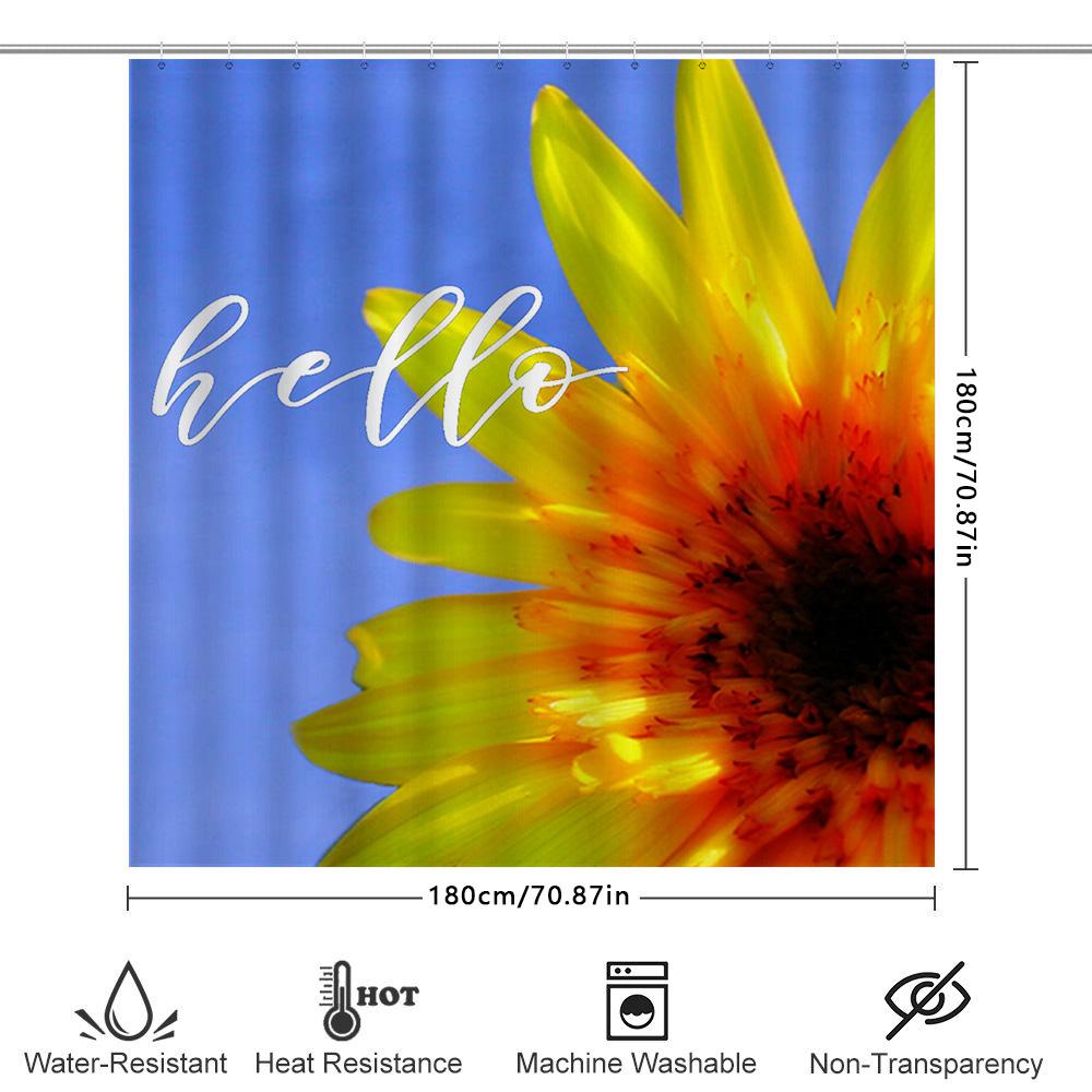 Hello Sunflower Shower Curtain Blue Background with Bright Yellow Flower Design for Bathroom Decor Polyester Fabric Waterproof H