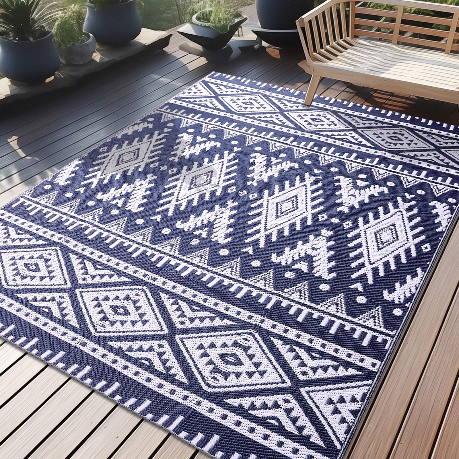 Kitinjoy Outdoor Waterproof Rugs Outdoor Plastic Straw Rugs Boho Patio Rugs Indoor Outdoor Carpets For Patio Camp Picnic Balcony colore bianco nero
