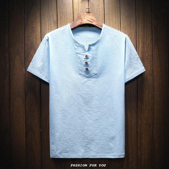 Men's Summer 2022 Cotton Linen Two-Button Short Sleeve T-Shirt - Soft & Breathable