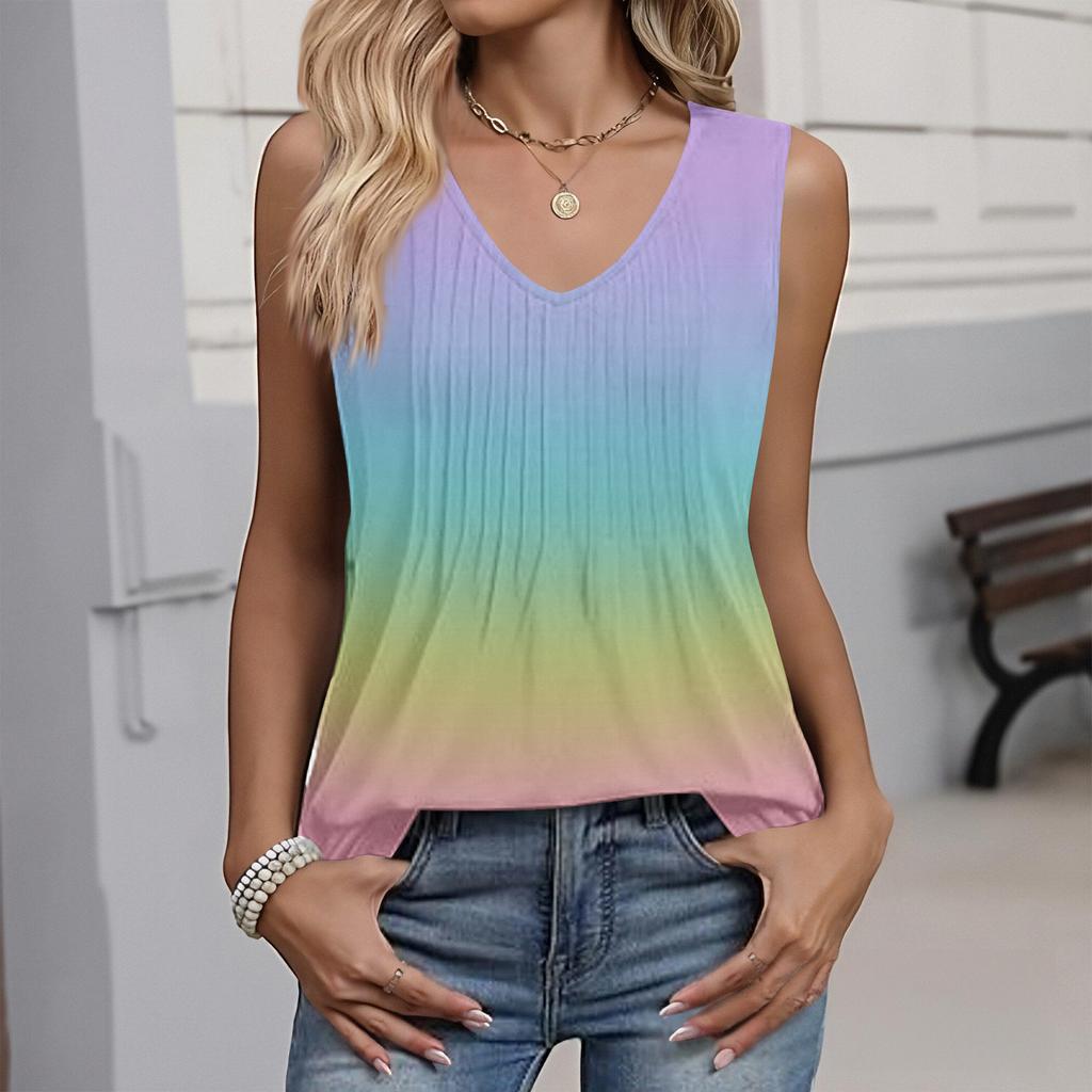 Women's Fashionable Sleeveless Vest With Pleats, V-neck, Tie- Gradient Color, Loose Fit, Flowy Summer Top