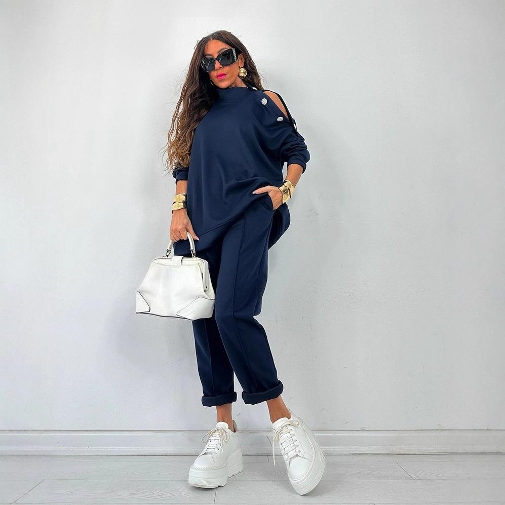 A New Autumn and Winter Fashion Casual Set for Women, A Solid Color Long-sleeved Shirt, Long Pants and Stand-up Collar Two-piece Set