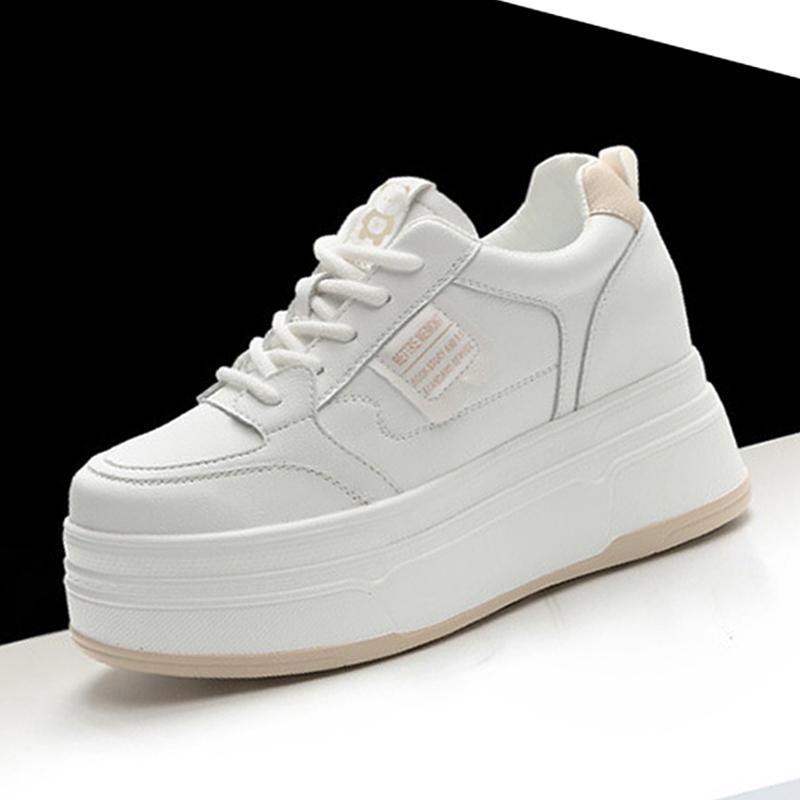 Genuine Leather Shoes Women Fashion Sneakers Flat Platform Brand Ladies Casual Shoes Height Increasing 7cm Black White