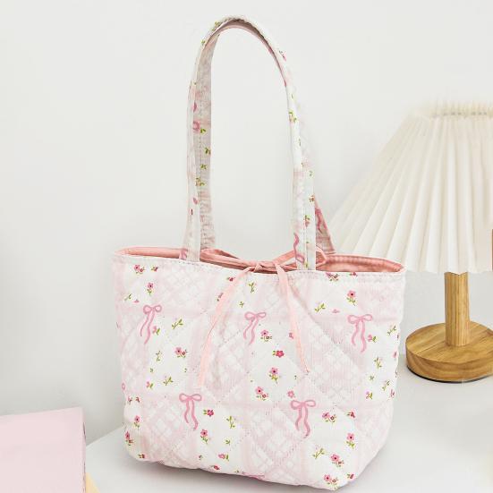 Quilted Tote Bag for Women Girls Lightweight Small Floral Shoulder Bag Soft Puffy Travel Work Handbag with Bow