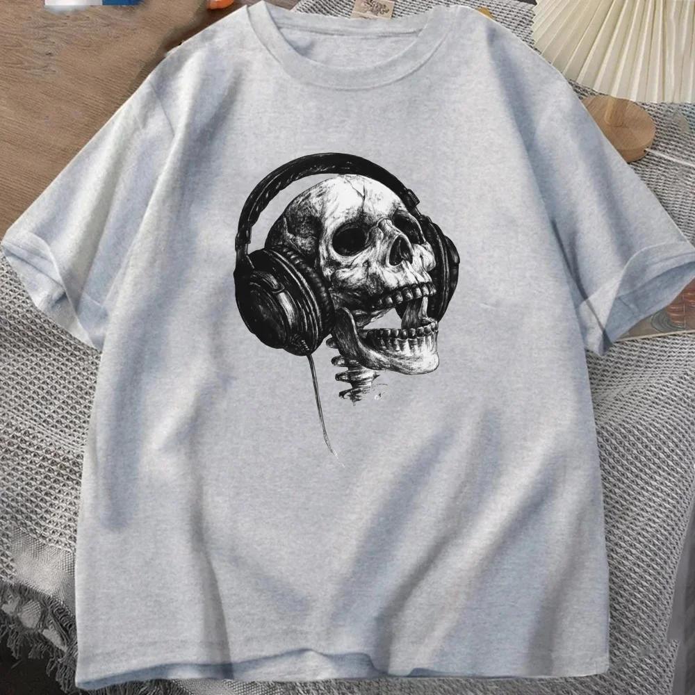 Music Forever Tops Tees 2024 Mens T Shirt DJ Skull Tshirt Headphone Skull Print T-shirt Cotton Fabric Clothes Grey Shipping