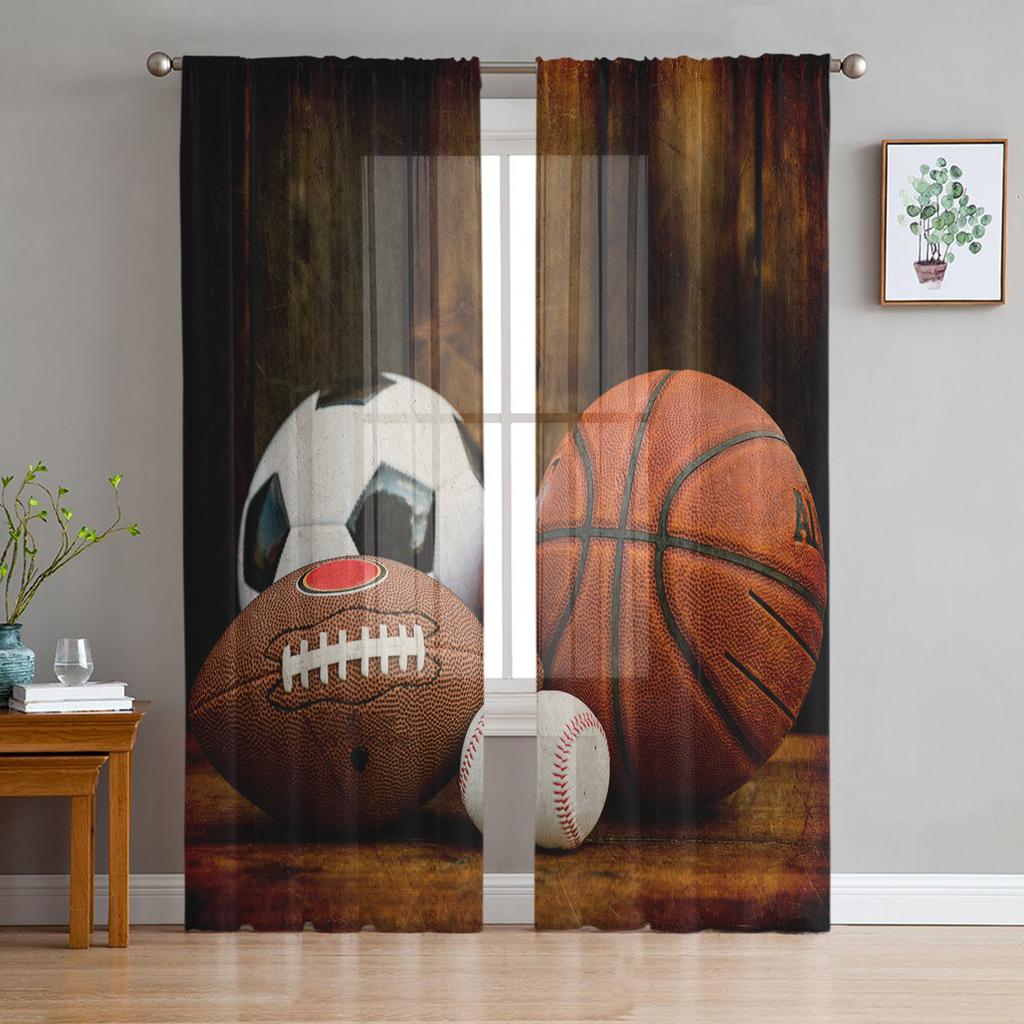 Light Filtering Soccer Football Net Sketch Curtain Living Room Decoration Tulle Window Bedroom Voile Organza Drapes Modern Polyester Washable Ready
